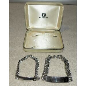 Lot 2 Playboy Silver Tone Chain Link Bracelets His/Hers Original Case W/ Logo